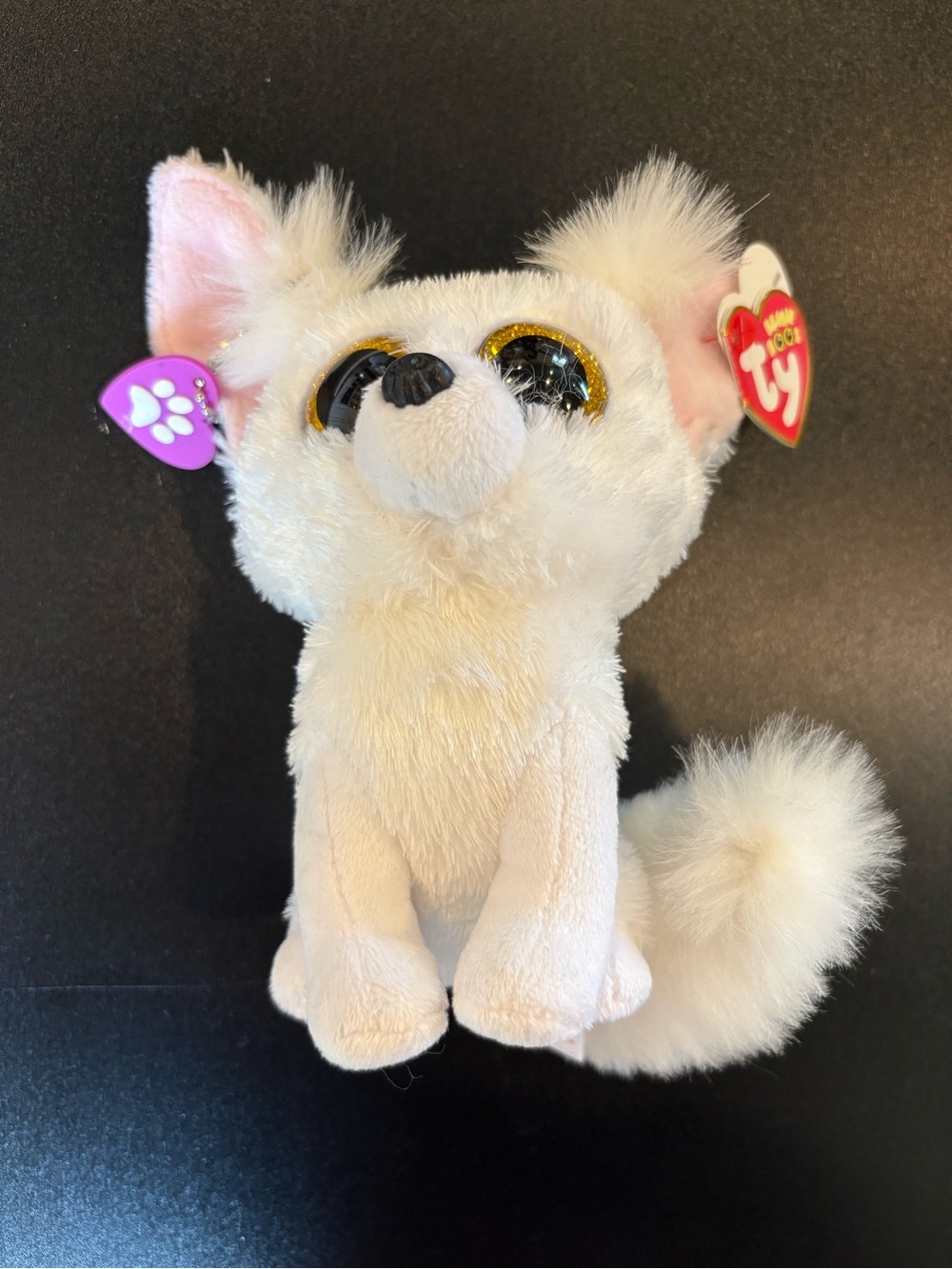 Ty White Plush Fox with Sparkly Gold-Rim Eyes